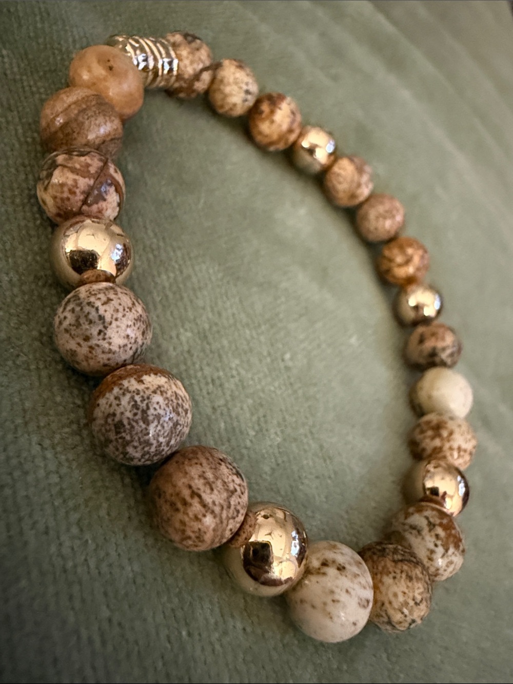Natural Jasper and Gold-Tone Bead Stretch Bracelet - Brown